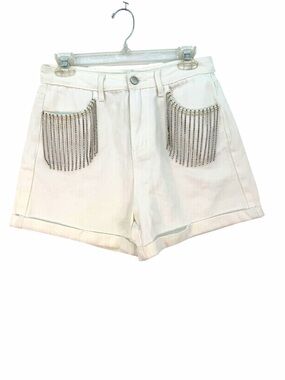 Pants Store High-Rise White Denim Shorts with Beaded Fringe Pockets NWT